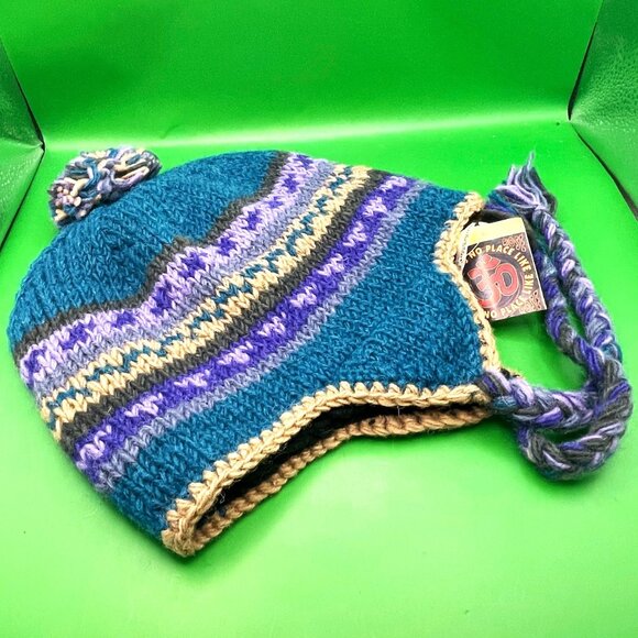 Gypsy Rose Handmade Knit Beanie Hat Chullo Fleece Lined Pom Braids Peruvian Boho - Picture 1 of 11